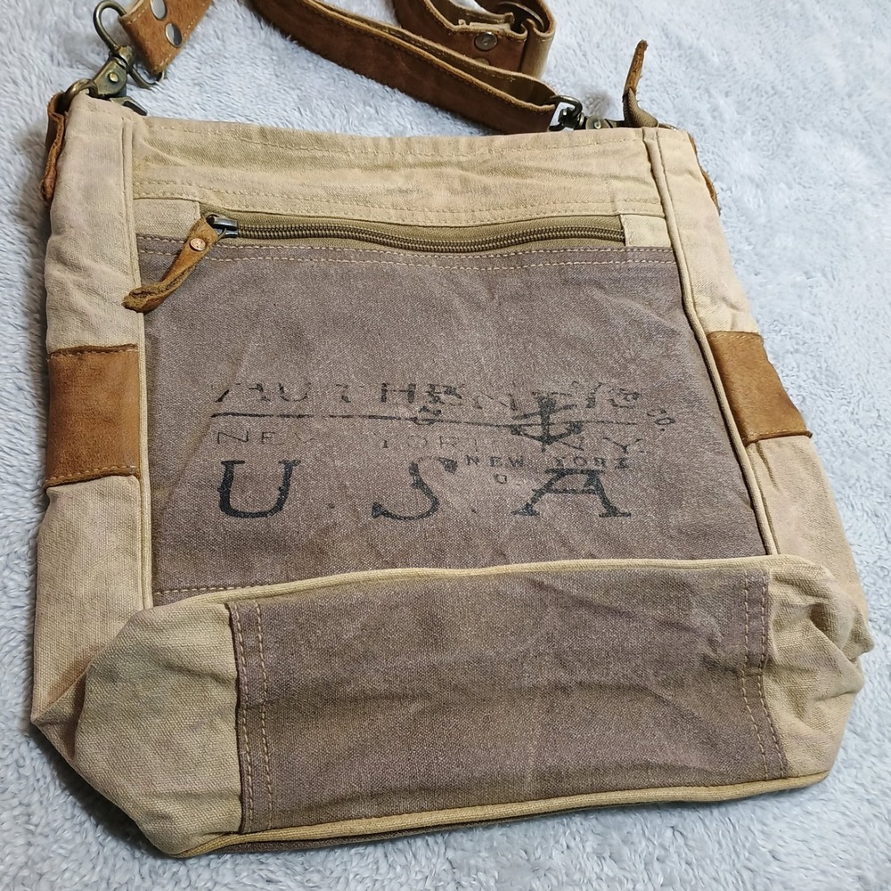 Myra Bag Crossbody Bag Womens Medium Tan Brown Upcycled Canvas Leather Rustic - Picture 4 of 9